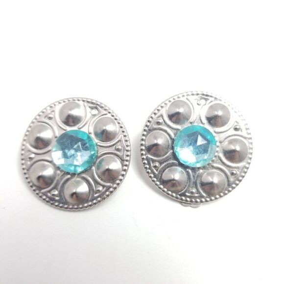 Vintage Retro Blue Cabochon and Silver Tone Clip On Earrings, 80s Style - Picture 5 of 5